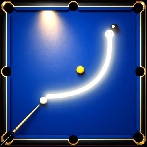 Pool Hustlers app icon: curved aim line on a royal blue pool table
